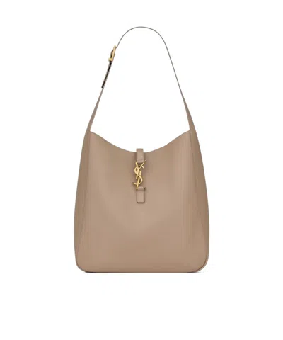 Saint Laurent Le 5a7 Large Ysl Shoulder Hobo Bag In Smooth Leather In Dark Gray