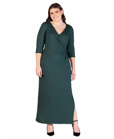 24seven Comfort Apparel Fitted V-neck Side Slit Maxi Dress In Hunter