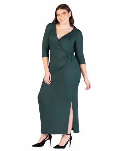 24seven Comfort Apparel Fitted V-neck Side Slit Maxi Dress In Hunter