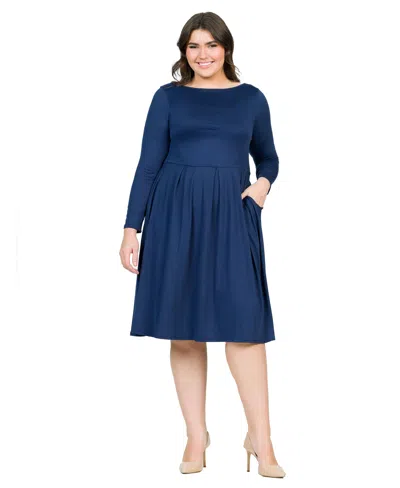 24seven Comfort Apparel Plus Size Long Sleeve Fit And Flare Midi Dress In Navy