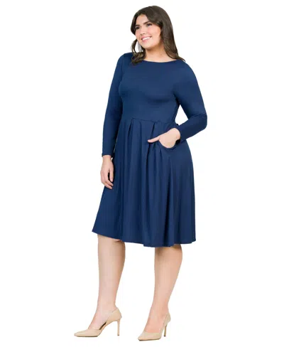 24seven Comfort Apparel Plus Size Long Sleeve Fit And Flare Midi Dress In Navy