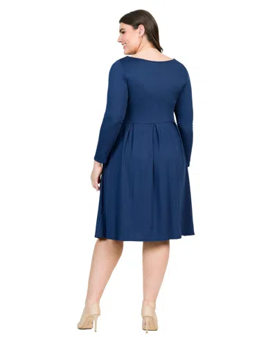 24seven Comfort Apparel Plus Size Long Sleeve Fit And Flare Midi Dress In Navy
