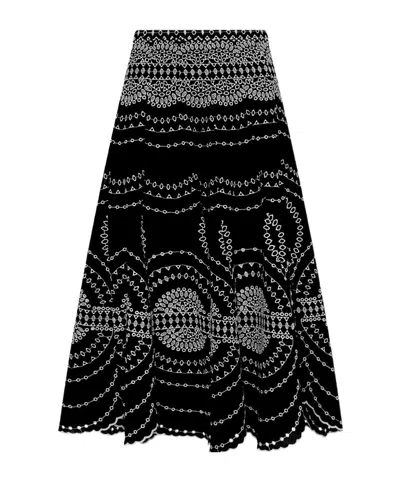Charo Ruiz 'livvy' Black Midi Skirt With Scallop Hem And All-over Embroidery In Cotton Nad Linen Blend Woman In Black