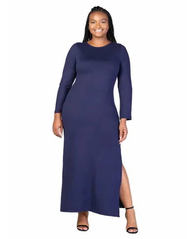 24seven Comfort Apparel Plus Size Long Sleeve Side Slit Fitted Maxi Dress In Navy