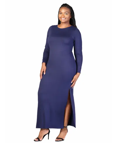 24seven Comfort Apparel Plus Size Long Sleeve Side Slit Fitted Maxi Dress In Navy