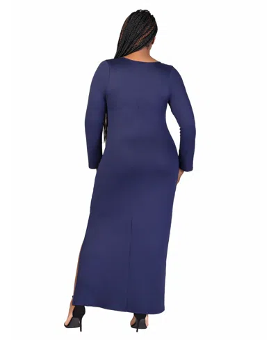 24seven Comfort Apparel Plus Size Long Sleeve Side Slit Fitted Maxi Dress In Navy