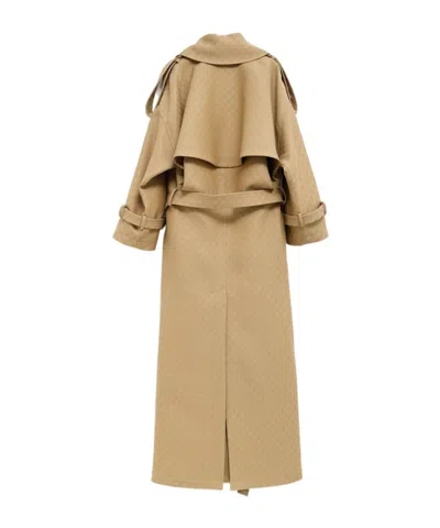 Gucci Beige Coat In Silk And Wool Gg In Brown