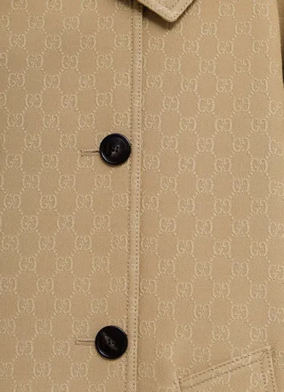 Gucci Beige Coat In Silk And Wool Gg In Brown