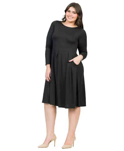 24seven Comfort Apparel Plus Womens Pleated Short Sleeve Fit & Flare Dress In Black