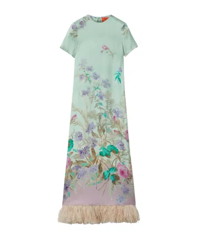 La Doublej Swing Feather-trimmed Printed Silk-twill Maxi Dress In Green