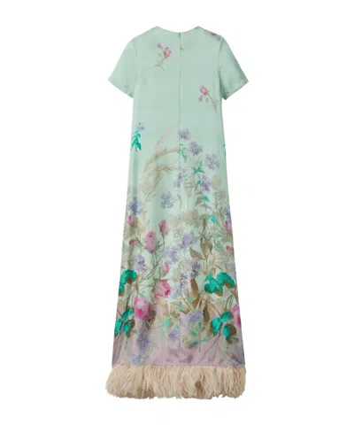 La Doublej Swing Feather-trimmed Printed Silk-twill Maxi Dress In Green