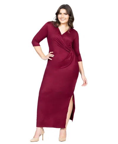 24seven Comfort Apparel Fitted V-neck Side Slit Maxi Dress In Burgundy