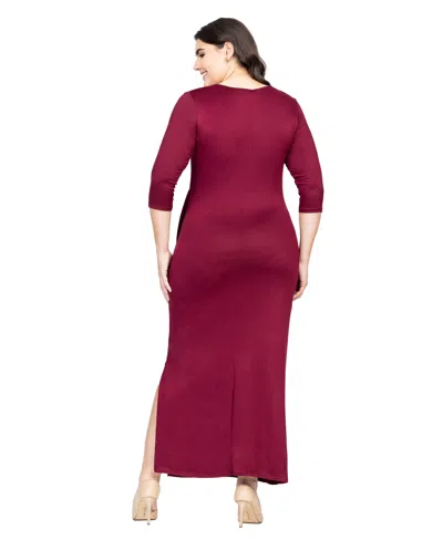 24seven Comfort Apparel Fitted V-neck Side Slit Maxi Dress In Burgundy