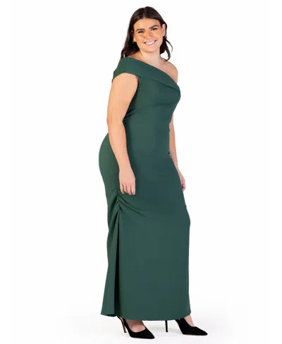 24seven Comfort Apparel Plus Size Formal One Shoulder Ruched Mermaid Maxi Dress In Hunter