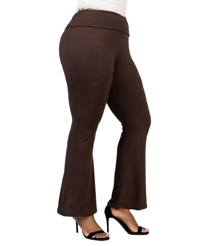 24seven Comfort Apparel Plus Size Black Bell Bottom Fold Over Waist Sweatpants In Brown