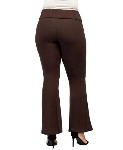 24seven Comfort Apparel Plus Size Black Bell Bottom Fold Over Waist Sweatpants In Brown