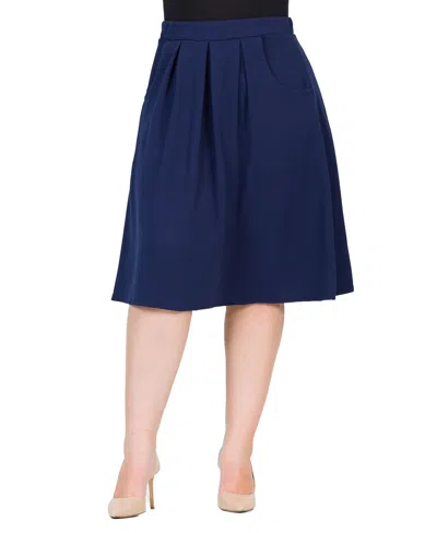 24seven Comfort Apparel Plus Size Elastic Waist Pleated Knee Length Pocket Skirt In Navy