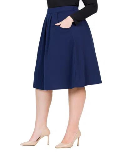 24seven Comfort Apparel Plus Size Elastic Waist Pleated Knee Length Pocket Skirt In Navy