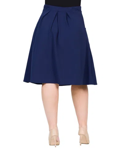 24seven Comfort Apparel Plus Size Elastic Waist Pleated Knee Length Pocket Skirt In Navy