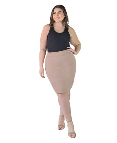 24seven Comfort Apparel Plus Size Solid Color Elastic Waist Knee Length Pencil Skirt In Mocha