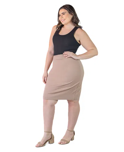 24seven Comfort Apparel Plus Size Solid Color Elastic Waist Knee Length Pencil Skirt In Mocha