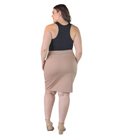 24seven Comfort Apparel Plus Size Solid Color Elastic Waist Knee Length Pencil Skirt In Mocha