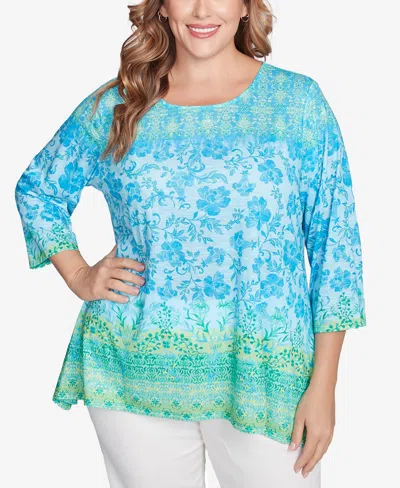 Ruby Rd. Plus Size Floral Ombre Border Sublimation Knit Top In Ocean Blue Multi