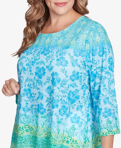 Ruby Rd. Plus Size Floral Ombre Border Sublimation Knit Top In Ocean Blue Multi