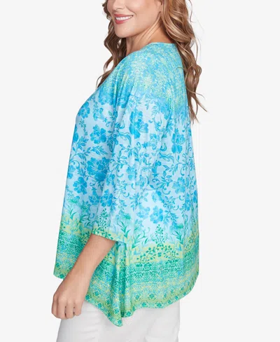 Ruby Rd. Plus Size Floral Ombre Border Sublimation Knit Top In Ocean Blue Multi