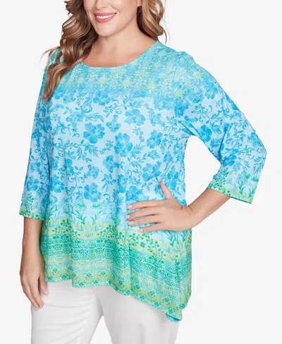 Ruby Rd. Plus Size Floral Ombre Border Sublimation Knit Top In Ocean Blue Multi