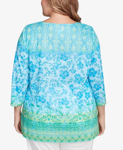 Ruby Rd. Plus Size Floral Ombre Border Sublimation Knit Top In Ocean Blue Multi