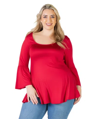 24seven Comfort Apparel Plus Size Long Bell Sleeve Flared Tunic Top In Red