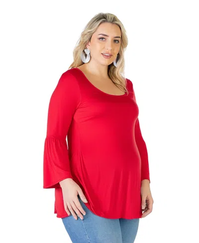 24seven Comfort Apparel Plus Size Long Bell Sleeve Flared Tunic Top In Red