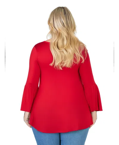 24seven Comfort Apparel Plus Size Long Bell Sleeve Flared Tunic Top In Red
