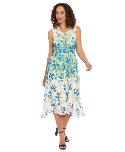 London Times Women's V-neck Sleeveless Smocked-waist Dress In White,blue