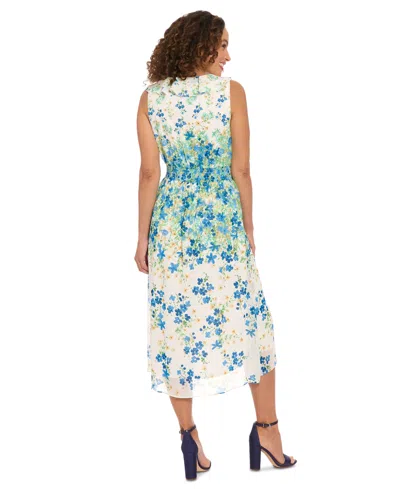 London Times Women's V-neck Sleeveless Smocked-waist Dress In White,blue