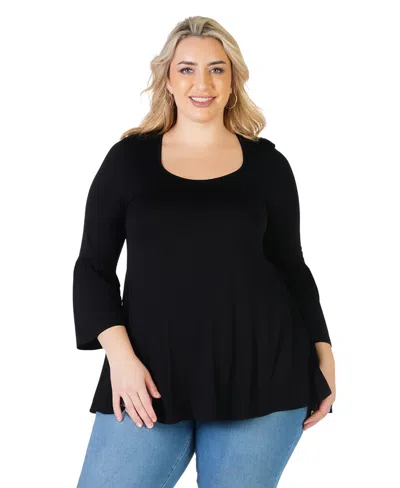 24seven Comfort Apparel Plus Size Long Bell Sleeve Flared Tunic Top In Black