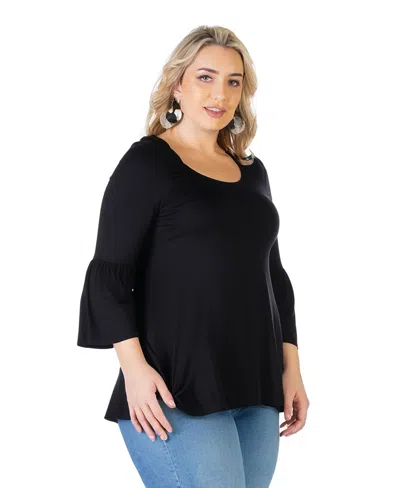 24seven Comfort Apparel Plus Size Long Bell Sleeve Flared Tunic Top In Black