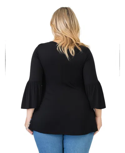 24seven Comfort Apparel Plus Size Long Bell Sleeve Flared Tunic Top In Black