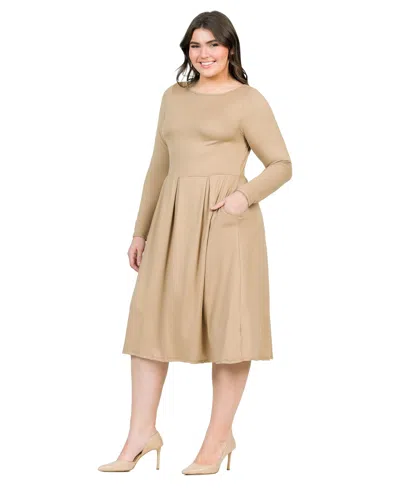 24seven Comfort Apparel Plus Womens Comfort Knit Midi Dress In Wheat