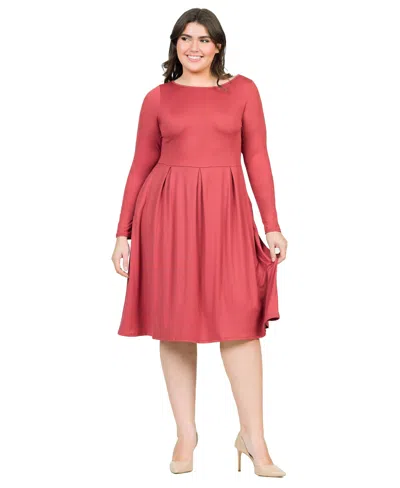 24seven Comfort Apparel Plus Size Long Sleeve Fit And Flare Midi Dress In Brick