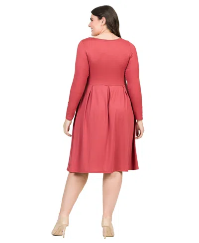 24seven Comfort Apparel Plus Size Long Sleeve Fit And Flare Midi Dress In Brick