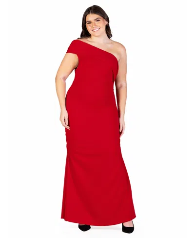 24seven Comfort Apparel Plus Size Formal One Shoulder Ruched Mermaid Maxi Dress In Ruby