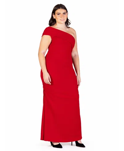 24seven Comfort Apparel Plus Size Formal One Shoulder Ruched Mermaid Maxi Dress In Ruby