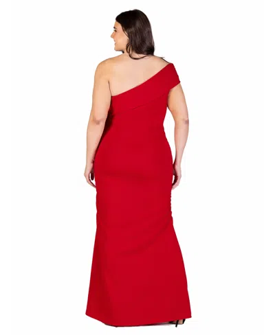 24seven Comfort Apparel Plus Size Formal One Shoulder Ruched Mermaid Maxi Dress In Ruby