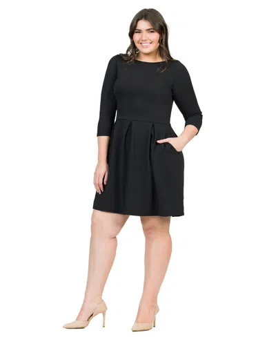24seven Comfort Apparel Plus Womens Pleated Short Sleeve Fit & Flare Dress In Black