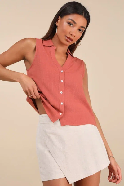 Lulus Casual Contentment Terracotta Linen Button-up Collared Tank Top In Pink