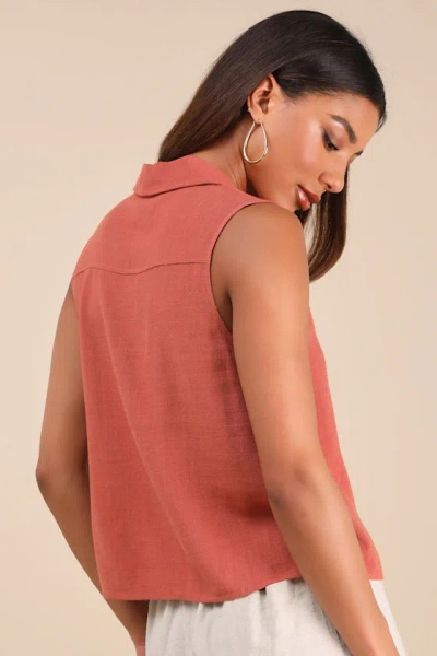 Lulus Casual Contentment Terracotta Linen Button-up Collared Tank Top In Pink
