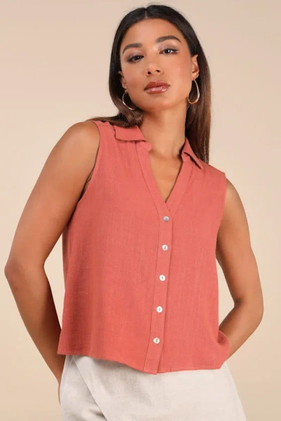 Lulus Casual Contentment Terracotta Linen Button-up Collared Tank Top In Pink