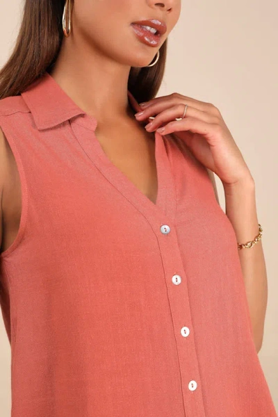 Lulus Casual Contentment Terracotta Linen Button-up Collared Tank Top In Pink